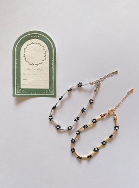 甜酷黑配色小众首饰手工编织串珠小花手链迷你精致彩色小花手串