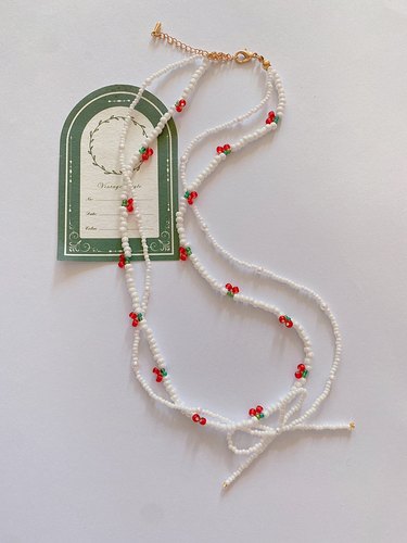 秋冬新品百搭甜美清新韩版双层蝴蝶结樱桃项链锁骨链diy材料包