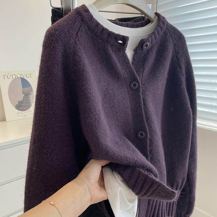 温柔显白黛紫色~圆领单排扣毛衣开衫女！2024秋冬软糯显瘦针织衫