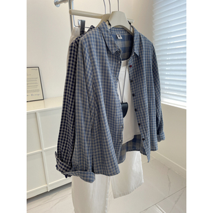 衣 秋冬百搭叠穿双层棉纱翻领休闲衬衫 复古显白灰蓝小格子衬衫 女