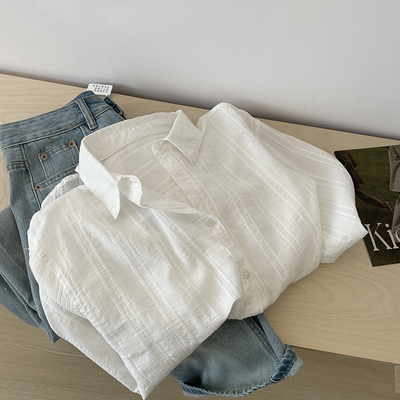 韩系竖条纹白衬衫轻薄防晒衣