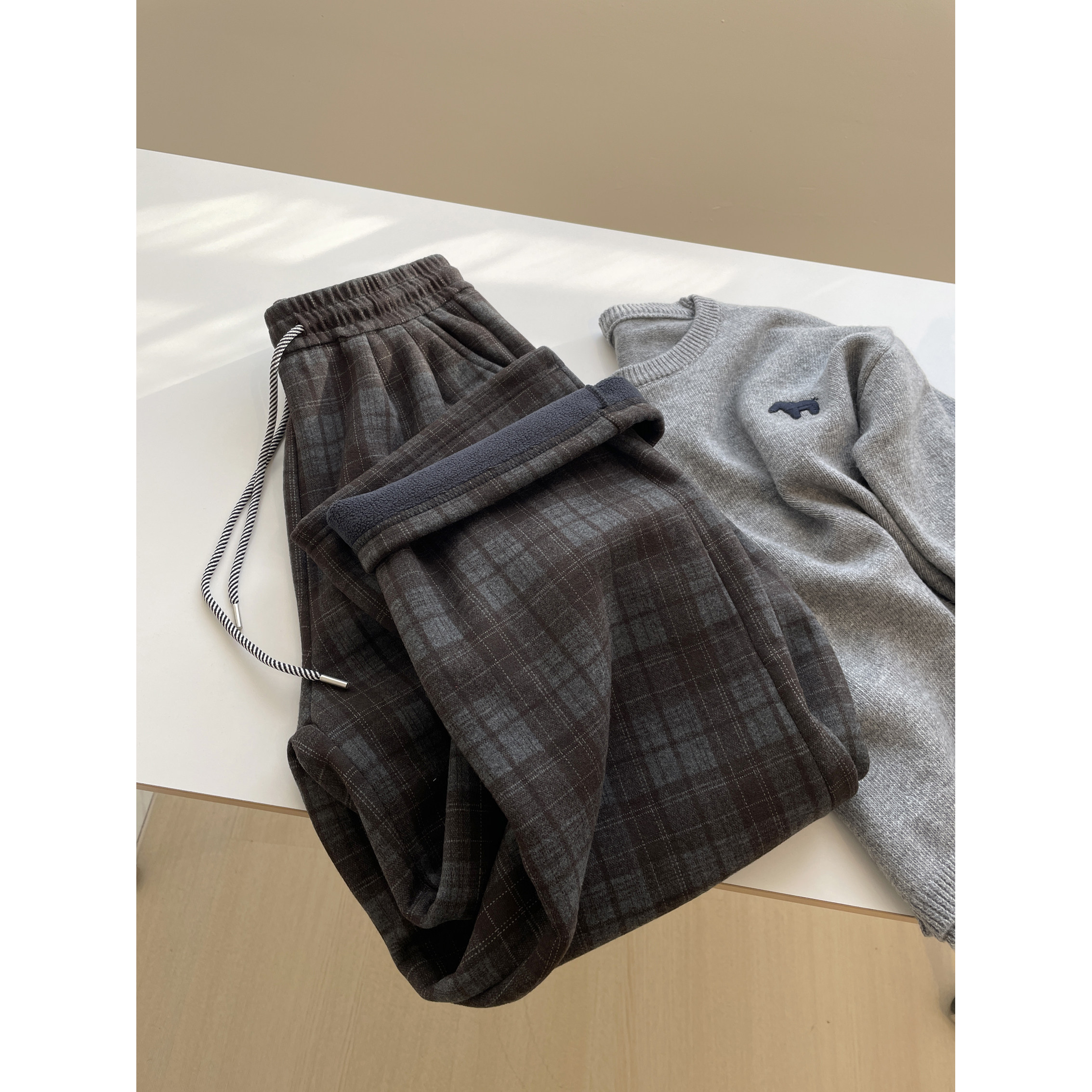 复古加绒灰咖格子阔腿裤女！冬季百搭高腰显瘦加厚保暖休闲直筒裤,女装/女士精品,休闲裤,淘宝优惠券,粉丝福利购,淘宝优惠卷