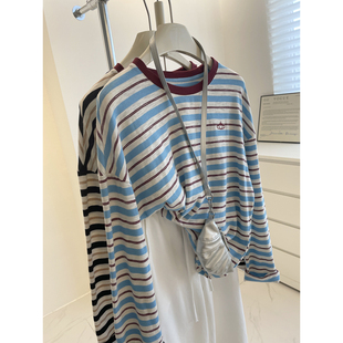 慵懒宽松显瘦圆领打底衫 海盐蓝 秋季 t恤女 显白撞色刺绣条纹长袖