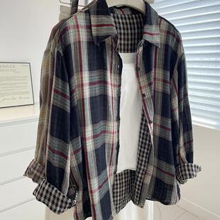 复古显白~双面棉纱格子衬衫女!秋韩系百搭宽松叠穿休闲衬衣薄外套