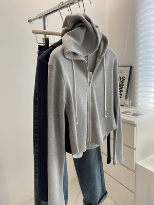 复古短款连帽开衫卫衣薄外套