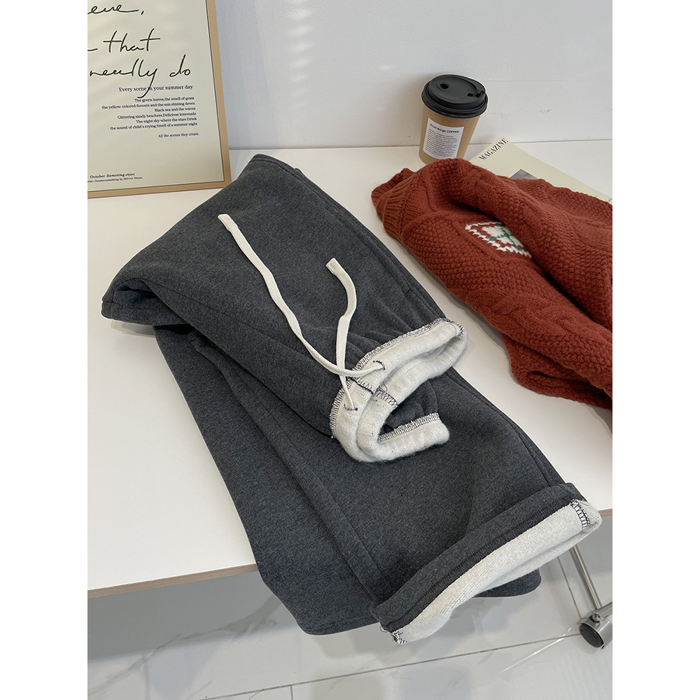 复古撞色拼接加绒直筒休闲裤