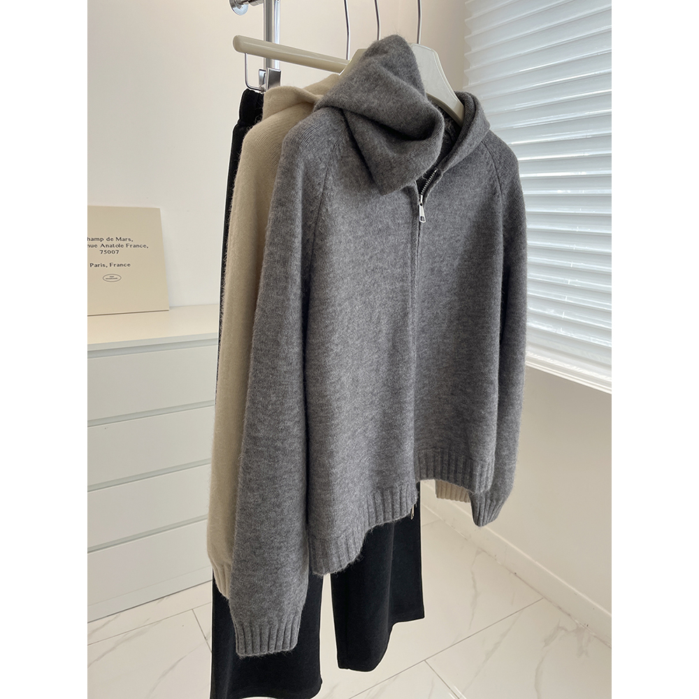 慵懒风双拉链连帽毛衣外套