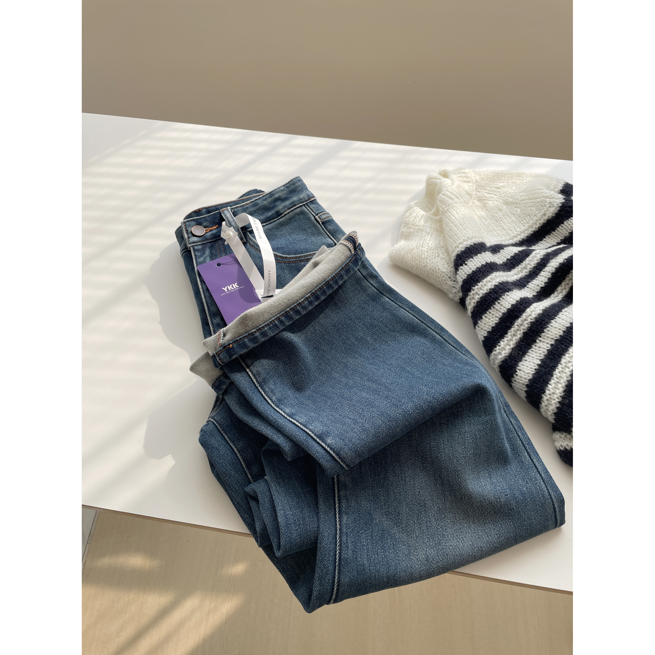 内里薄绒直筒牛仔裤阔腿休闲长裤