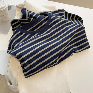 25春慵懒宽松圆领休闲打底衫 t恤女 上衣 复古军绿条纹长袖 敲显白