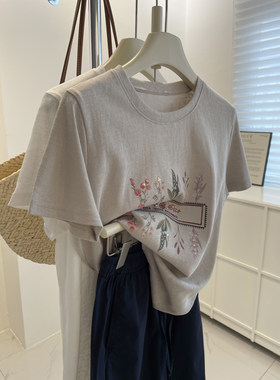 韩系花卉亮片短袖T恤休闲tee