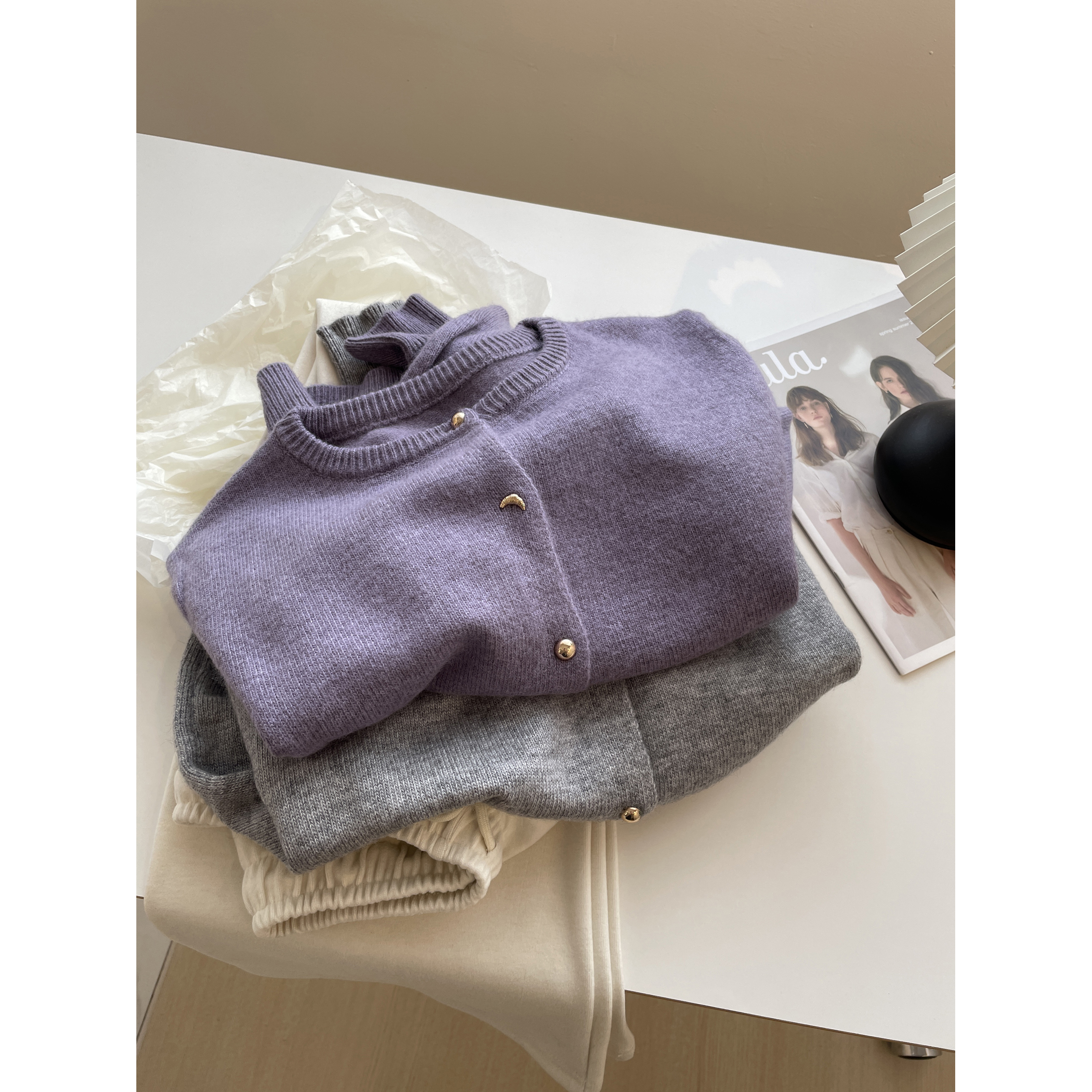 温柔芋紫色针织开衫女!秋冬软糯百搭显瘦小个子圆领叠穿毛衣外套