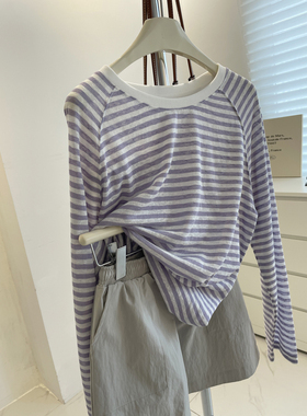 显白芋紫色条纹长袖防晒衫女！夏慵懒宽松垂感显瘦圆领罩衫空调衫