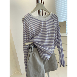 空调衫 显白芋紫色条纹长袖 夏慵懒宽松垂感显瘦圆领罩衫 女 防晒衫