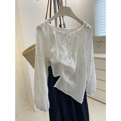 温柔韩系立体刺绣长袖防晒小衫女！夏季百搭宽松减龄圆领系带衬衫