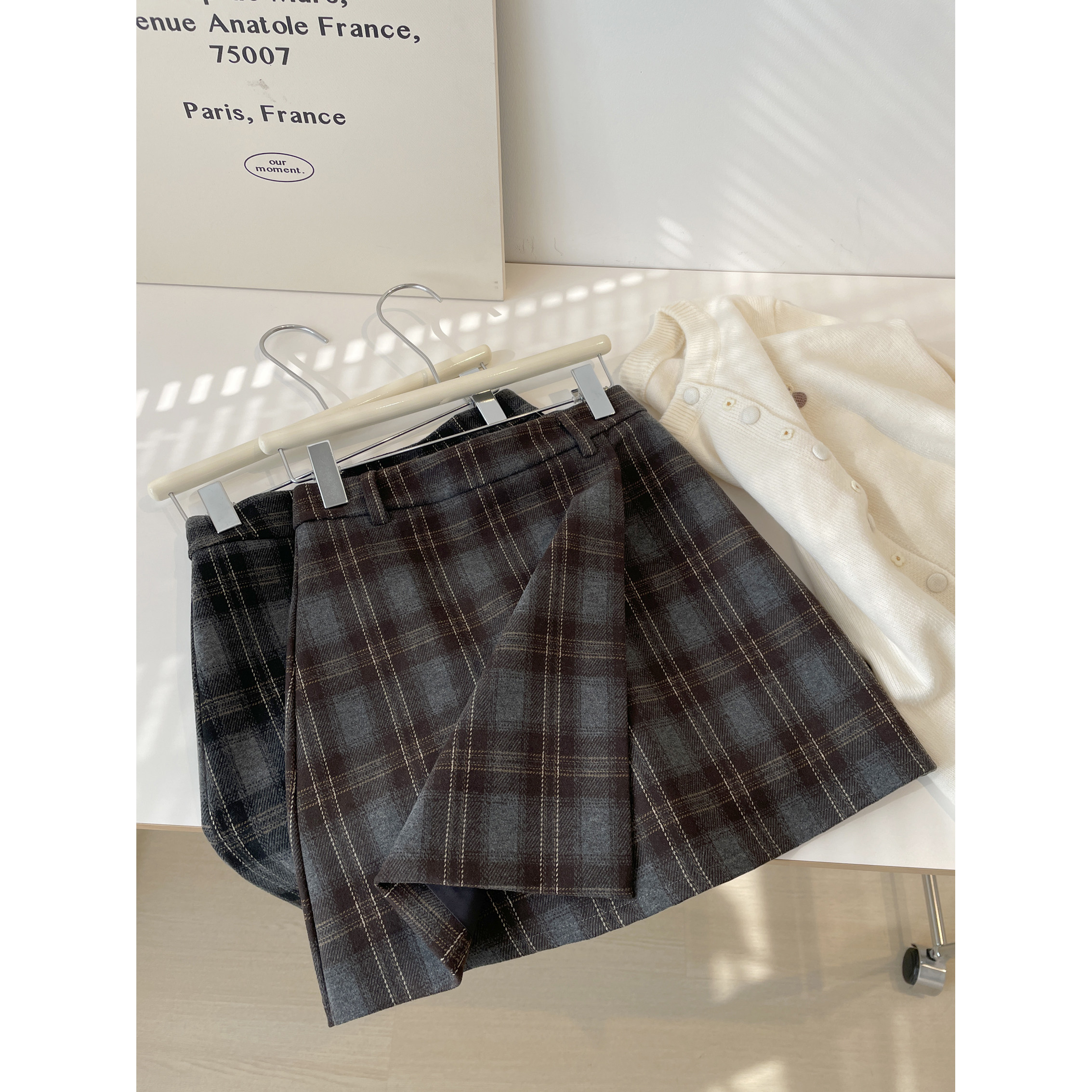 侧开叉设计~复古格子a字毛呢短裙女！秋冬百搭高腰显腿长半身裙子,女装/女士精品,半身裙,淘宝优惠券,粉丝福利购,淘宝优惠卷