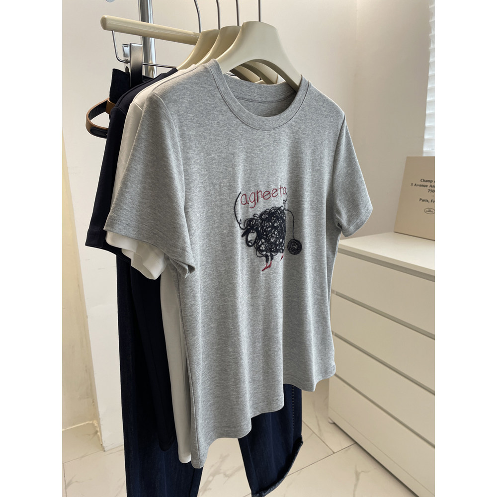 立体毛线绣~小羊减龄短袖t恤女!夏百搭显瘦圆领上衣棉质休闲Tee