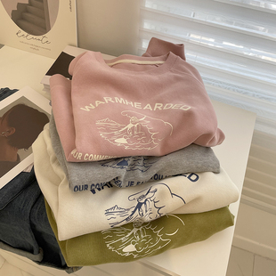 慵懒显白圆领套头卫衣 字母印花宽松显瘦插肩休闲上衣学生外套女