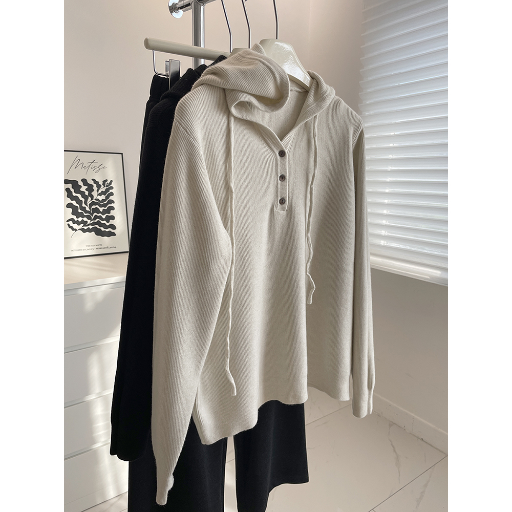 韩系纽扣半开领连帽针织衫毛衣