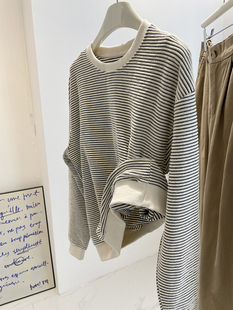 chao好看撞色细条纹休闲卫衣 上衣女 秋韩系宽松显瘦圆领套头长袖