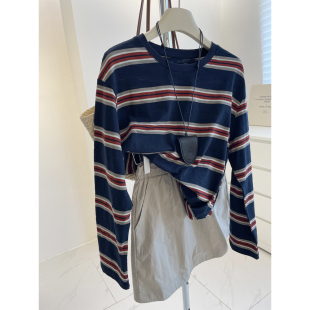 慵懒宽松显瘦棉质休闲打底上衣 秋季 复古显白红藏青条纹长袖 t恤女