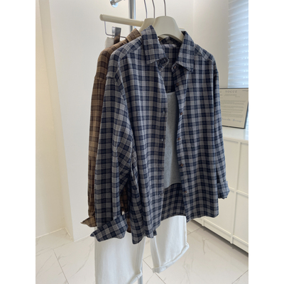 蓝灰格~复古磨毛格子衬衫