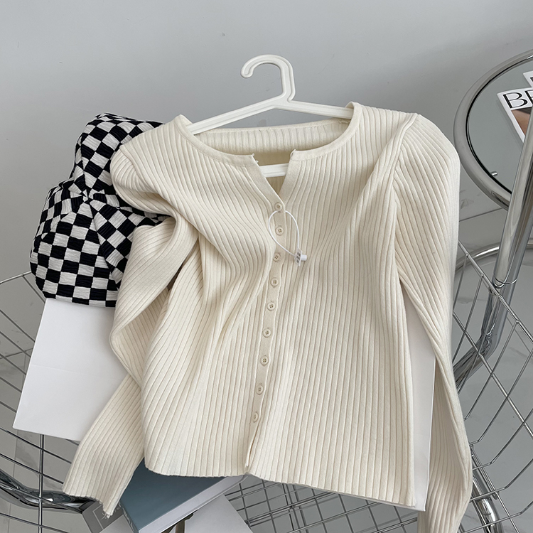 坑条显瘦小个子V领针织衫开衫