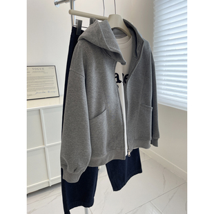 卫衣潮 秋冬百搭宽松显瘦连帽休闲开衫 小个子短款 灰色拉链外套女
