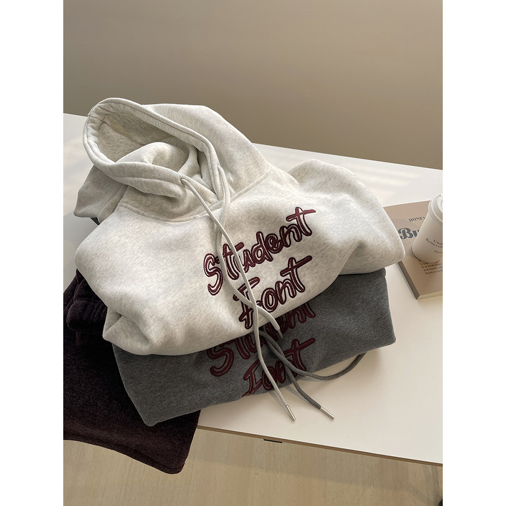 复古字母刺绣加绒卫衣女！2024冬显瘦小个子加厚内搭休闲帽衫上衣,女装/女士精品,卫衣/绒衫,淘宝优惠券,粉丝福利购,淘宝优惠卷