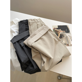 大脚裤 韩系翻边阔腿休闲裤 裤 气质通勤百搭高腰显瘦直筒西裤 春 女