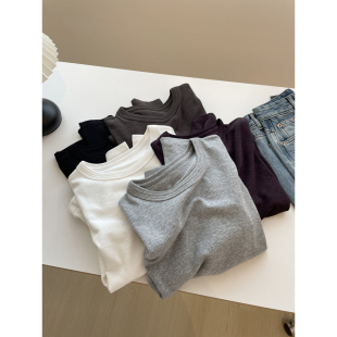 软糯圆领长袖 百搭修身 打底衫 秋季 弹力显瘦内搭上衣t恤 女 双领线