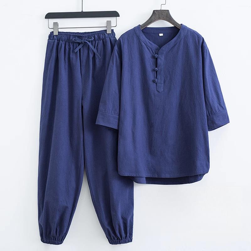 中国风亚麻短袖禅意茶服套装女夏季宽松打坐禅修居士服太极练功服