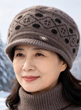 冬季中老年女加绒护耳针织帽