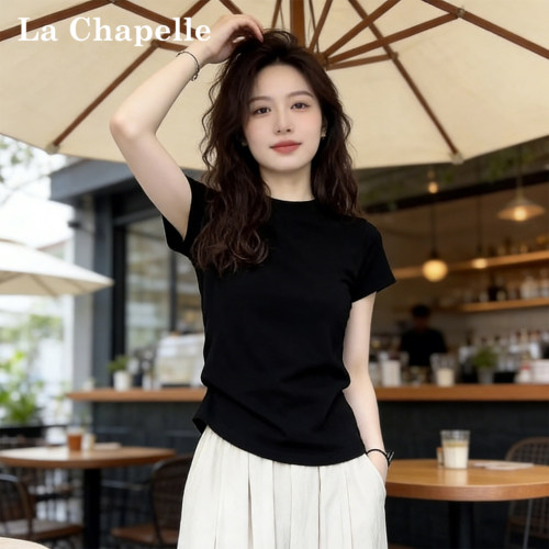 拉夏贝尔黑色正肩圆领短袖t恤女