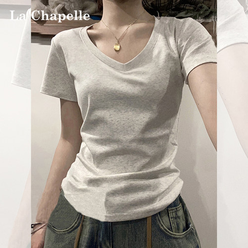 拉夏贝尔纯棉V领正肩女t恤短袖夏