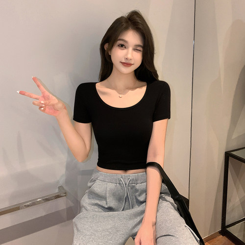 黑色莫代尔t恤女短袖短款上衣