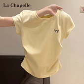 拉夏贝尔奶黄正肩短袖 褶皱收腰蝴蝶结上衣 修身 T恤女夏季 2026新款