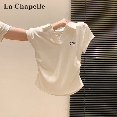 拉夏贝尔白色刺绣T恤女正肩短袖