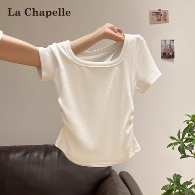 拉夏贝尔白色U领T恤女正肩短袖夏