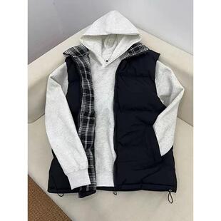 黑色内里格子立领羽绒棉马甲男款秋冬季无袖坎肩棉服cleanfit外套