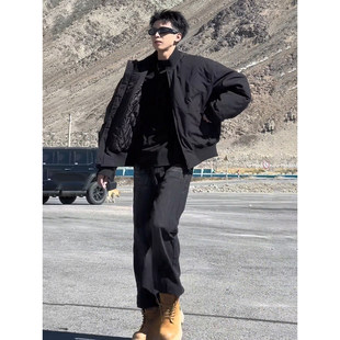 黑色轻薄短款羽绒服男冬季美式立领飞行夹克棉服工装棒球服外套