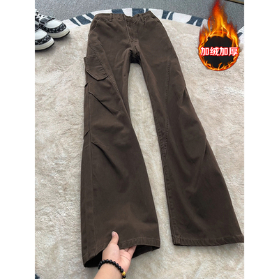 深棕色美式复古斜切牛仔裤