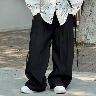 裤 男童2025新款 男孩西装 松紧腰直筒阔腿裤 黑色 垂感设计感儿童西裤