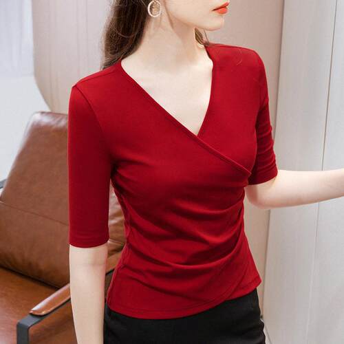 日常可穿拉丁舞舞蹈上衣女V领舞蹈服装新款摩登舞形体练功服红色