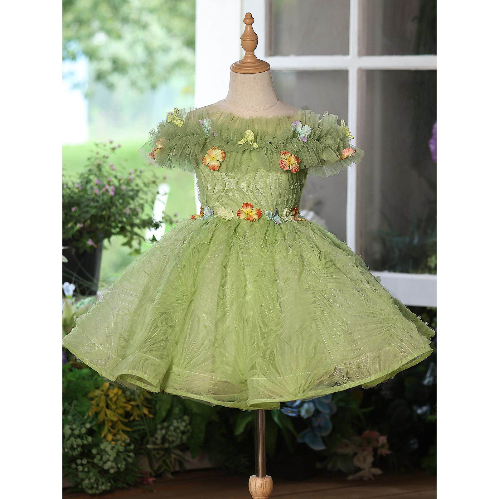 儿童礼服绿色精灵森系花朵生日公主裙儿童主持人走秀钢琴演出服装