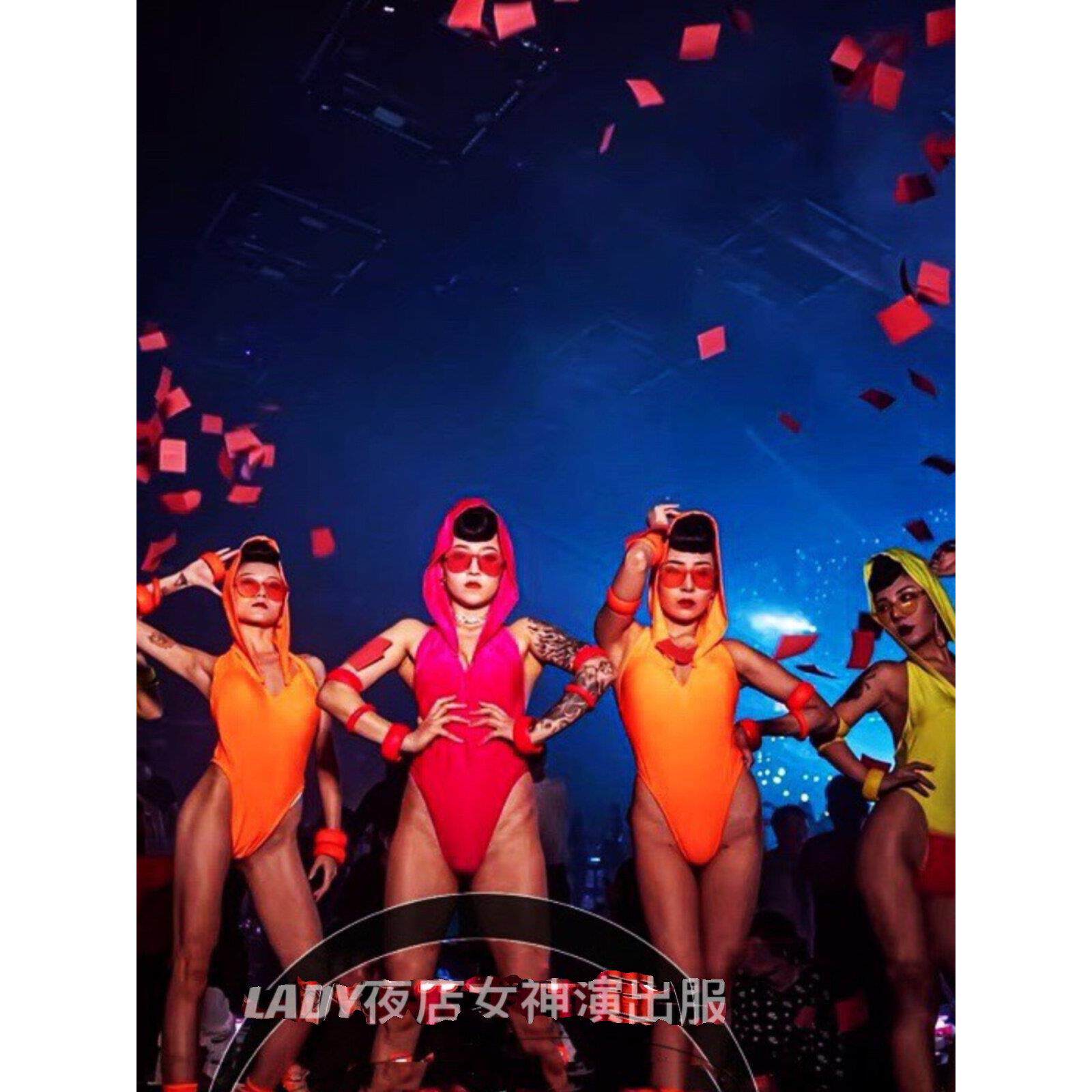 Lady77夜总会荧光糖果连帽Gogo一件件表演套装酒吧服装女性秀