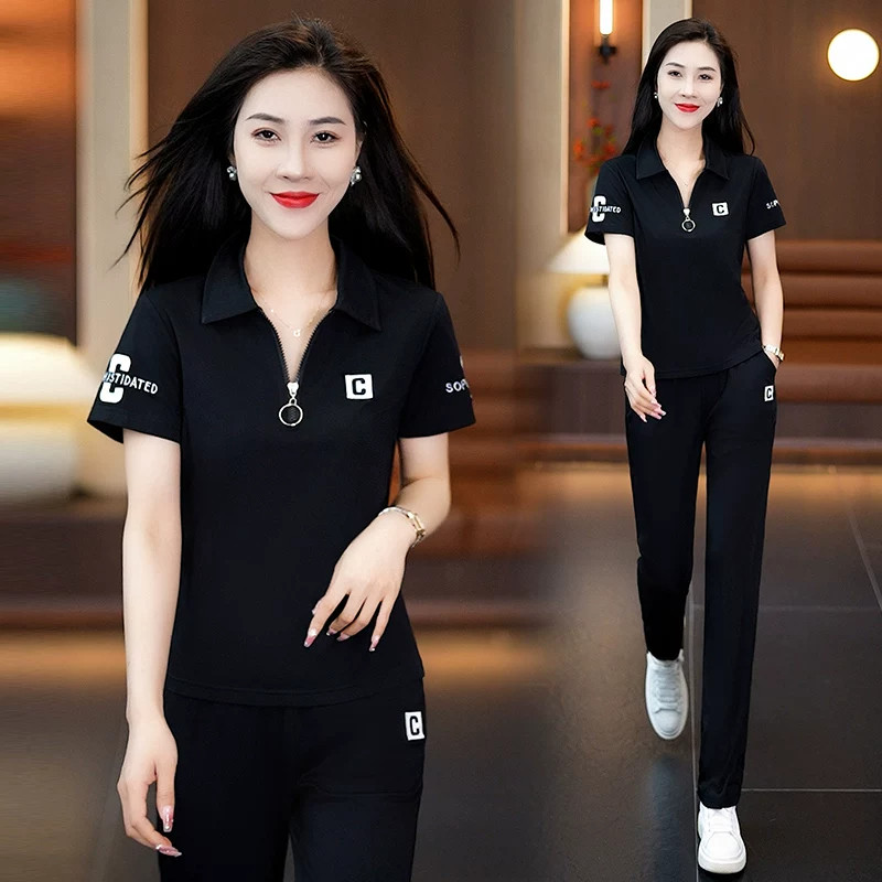 冰丝短袖套装女夏季2026新款时尚中年polo衫运动休闲高级感俩件套
