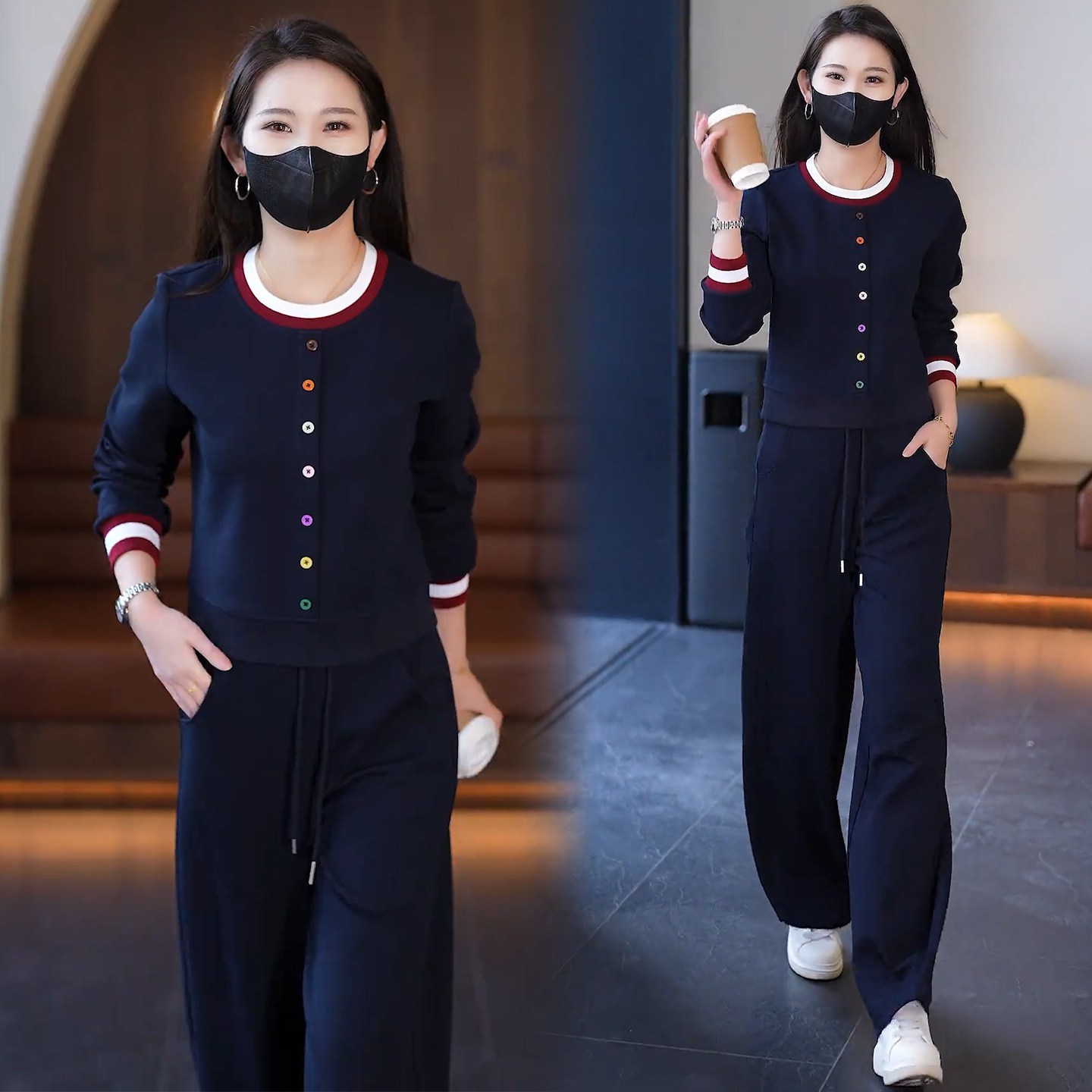 运动风套装女春秋新款洋气显瘦撞色圆领彩色扣子卫衣阔腿裤两件套