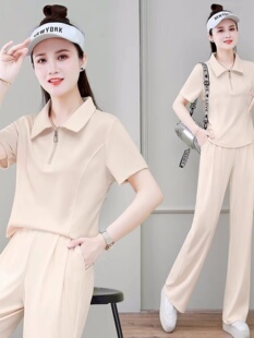 冰丝小个子休闲运动套装女夏季新款时尚洋气翻领短袖阔腿裤两件套