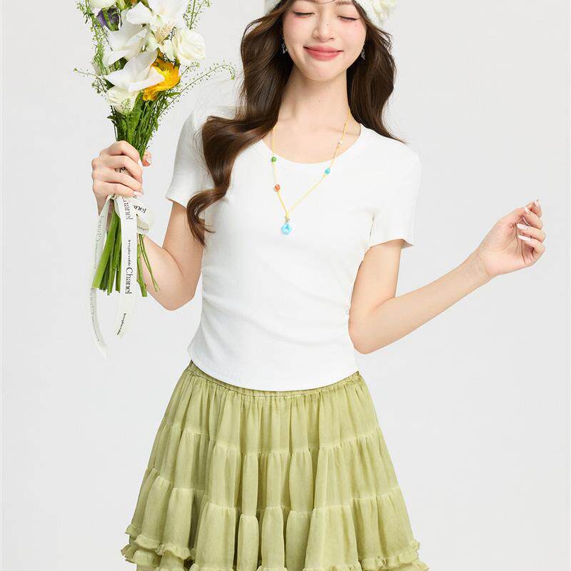 黑色韩系U领正肩基础款捏褶收腰短袖t恤女2026春夏百搭修身小上衣