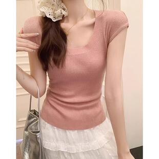 白色u领冰丝针织短袖t恤女夏季薄款大领口纯欲辣妹风修身短款上衣